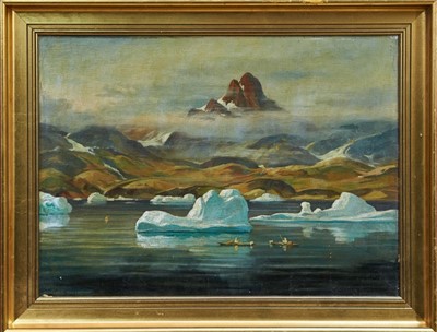 Lot 1330 - Emmanuel A. Petersen (1894-1948) oil on canvas - an Arctic scene with Eskimos fishing from kayaks, signed, in gilt frame, 47cm x 65cm