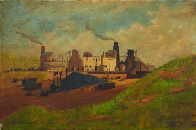 Lot 1331 - Late 19th century English school oil on panel - a view of Hetton Colliery showing George Stevenson's famous railway, indistinctly signed, titled, unframed, 30cm x 46cm