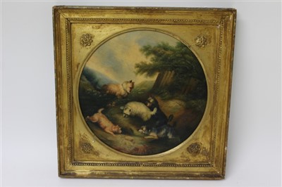 Lot 1334 - Attributed to George Armfield, circular oil on canvas laid on board - terriers at a rabbit hole, in gilt frame, 32cm diameter