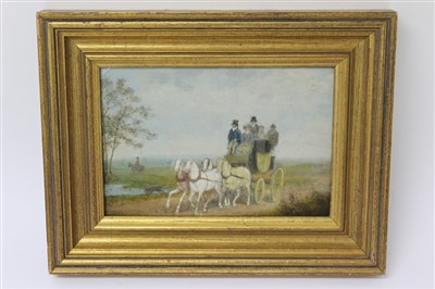 Lot 1336 - 19th century English school oil on canvas - a coach and four on a track, in gilt frame, 16cm x 23cm