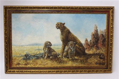 Lot 1337 - Silvia Duran, 20th century, oil on canvas - a family of cheetah on the Savannah, signed, in gilt frame, 45cm x 80cm