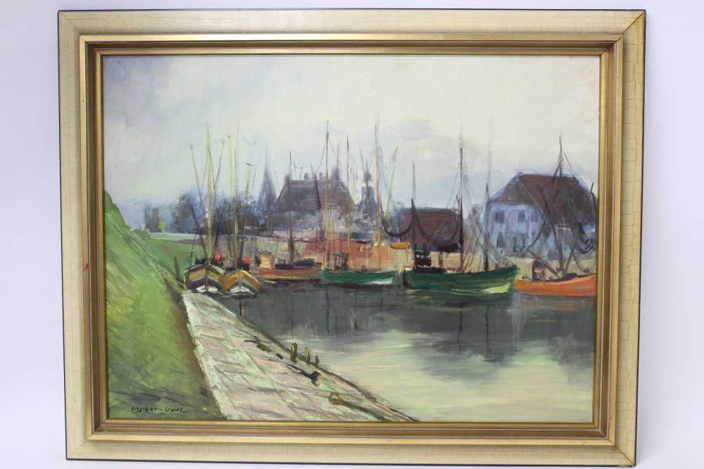 Lot 1341 - Bruno Fischer-Uwe (1915-1992) oil on canvas - fishing boats in the harbour, signed, framed, 59cm x 79cm
