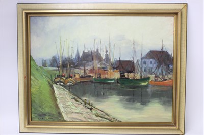 Lot 397 - Bruno Fischer-Uwe (1915-1992) oil on canvas - fishing boats in the harbour, signed, framed, 59cm x 79cm