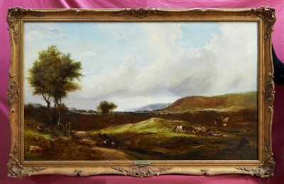 Lot 1342 - Mid-19th century English school oil on canvas - an extensive landscape with a timber wagon, in gilt frame, 75cm x 126cm