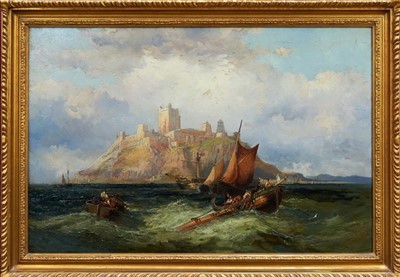 Lot 1343 - Mid-19th century English school oil on canvas - fishing boats and wreckage in squally seas before St Michaels Mount, indistinctly signed and dated, in gilt frame, 60cm x 90cm