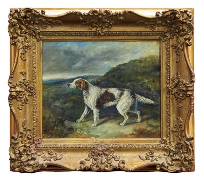 Lot 1389 - 19th century English school oil on board - a sporting dog in extensive landscape, indistinctly monogrammed, in gilt frame, 27cm x 33cm