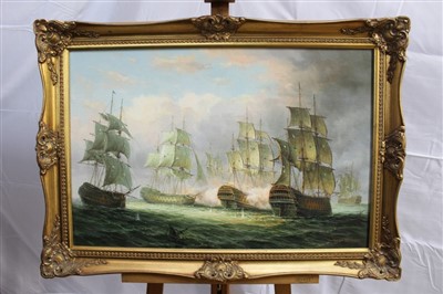 Lot 1391 - James Hardy, 20th century, oil on board - a sea battle, signed, in gilt frame, 49cm x 74cm