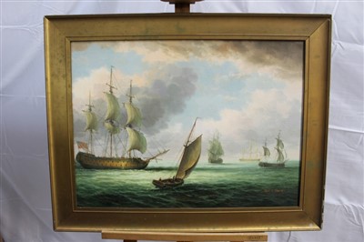 Lot 1393 - James Hardy, 20th century, oil on board - shipping at sea, signed, in gilt frame, 49cm x 68cm