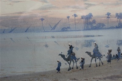 Lot 65 - Augustus Lamplough (1877-1930) watercolour, dessert scene with camel train