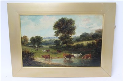 Lot 1397 - William G. Meadows (act.1870-1895) oil on canvas laid on board - an extensive pastoral scene with cattle watering, signed, in gilt frame, 35cm x 53cm