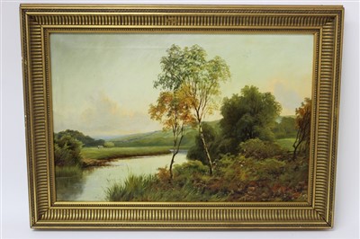 Lot 1399 - Robert Robin Fenson (act.1880-1920), a tranquil river landscape with a harvesting scene beyond, signed and dated '99, in gilt frame, 40cm x 60cm