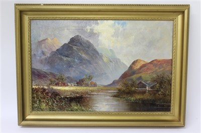 Lot 1401 - Henry Cooper (act.1910-1925) oil on canvas - an extensive view near Loch Awe, signed, inscribed verso, in gilt frame, 40cm x 60cm