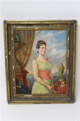 Lot 1402 - French school, 19th century, oil on mahogany panel - an elegant lady holding a fan before a window, in gilt frame, 40cm x 31cm