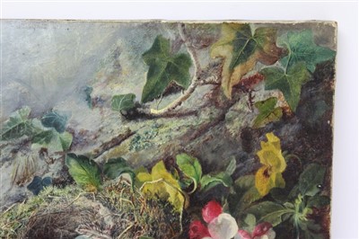 Lot 1403 - Attributed to Oliver Clare (1853-1927) oil - a birds nest and flowers on a mossy bank, unframed, 29cm x 37cm