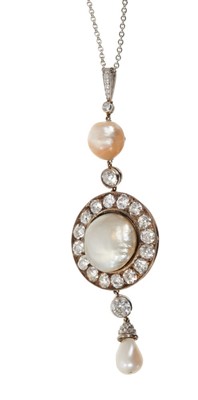 Lot 641 - A fine natural pearl and diamond pendant necklace, the central cluster set with a button pearl weighing 40.52 grains in an old mine-cut diamond sixteen-stone surround with diamond collet and pearl...