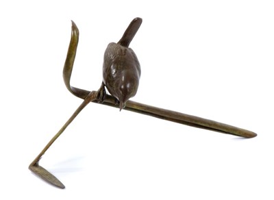 Lot 1213 - Patricia Northcroft (contemporary), patinated bronze figure of wren on a reed, signed and numbered 158/300, 12cm high