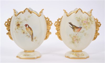 Lot 329 - Victorian Royal Worcester fan moulded vase with painted floral decoration 16.5cm high and pair Victorian Grainger & Co. Worcester vases with painted birds on flowering branches with gilt scroll han...