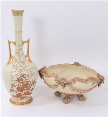 Lot 330 - Victorian Royal Worcester vase with twin gilt handles and slender neck with gilt floral decoration 39cm and Victorian Royal Worcester blush ivory bowl with moulded rams heads and swags on scroll fe...