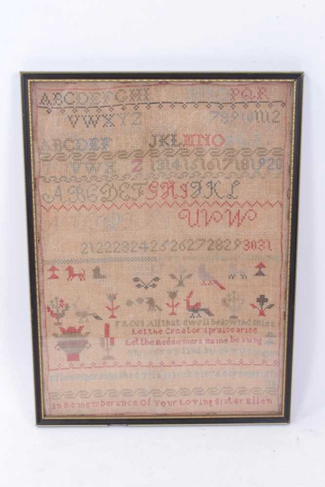 Lot 3154 - Of local interest: Victorian woolwork sampler, with dedication ‘Ellen Piper perished this March 1876, Kersey Suffolk, with alphabet and number bands and scattered animal and foliate devices, 41 x 3...