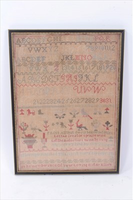 Lot 3154 - Of local interest: Victorian woolwork sampler, with dedication ‘Ellen Piper perished this March 1876, Kersey Suffolk, with alphabet and number bands and scattered animal and foliate devices, 41 x 3...