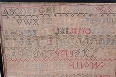 Lot 3154 - Of local interest: Victorian woolwork sampler, with dedication ‘Ellen Piper perished this March 1876, Kersey Suffolk, with alphabet and number bands and scattered animal and foliate devices, 41 x 3...