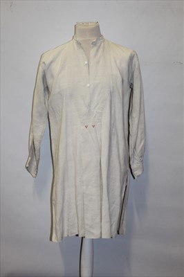 Lot 3101 - Gentlemen's Edwardian linen shirt with bib front, pleated across the shoulders and pleats to front. Possible a night shirt.