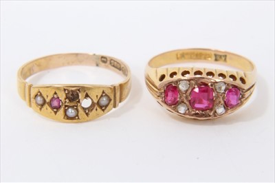 Lot 3298 - Gold 9ct synthetic ruby and diamond ring and Victorian gold 15ct ring (stones missing)