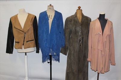 Lot 3102 - 1960's designer Jean Muir blue suede jacket with tassels, pink chamois jacket by Rizal, long leather simulated snake skin coat by La Cochonne plus another jacket