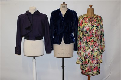 Lot 3104 - Ladies printed silk dress and blue wool jacket by Jean & Martin Pallant. Purple cropped jacket by Pallant, two tops by Joseph Ribcoff and a grey wool paisley print skirt and waist coat by Rita Kuma...