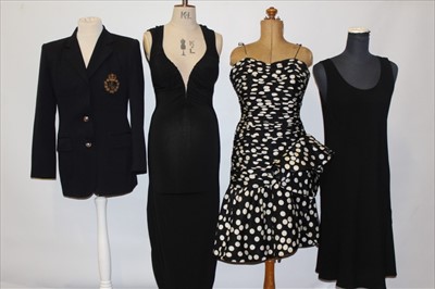 Lot 3105 - Black evening gown by Ritmo di Perla, Paul Blano polka dot gown, black dress by Pallant, two skirt plus a Ralph Lauren blazer.