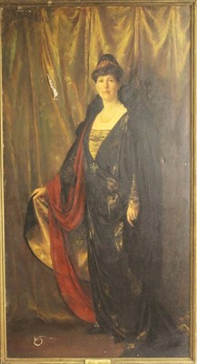 Lot 1436 - Margaret Lindsay Williams (act.1910-1960) large oil on canvas - a life-size portrait of Lady Mitchell Cotts bejewelled and wearing an evening gown, framed, 230cm x 124cm