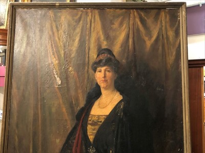 Lot 1076 - Margaret Lindsay Williams (act.1910-1960) large oil on canvas - a life-size portrait of Lady Mitchell Cotts bejewelled and wearing an evening gown, framed, 230cm x 124cm