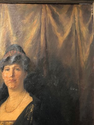 Lot 1076 - Margaret Lindsay Williams (act.1910-1960) large oil on canvas - a life-size portrait of Lady Mitchell Cotts bejewelled and wearing an evening gown, framed, 230cm x 124cm