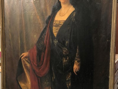 Lot 1076 - Margaret Lindsay Williams (act.1910-1960) large oil on canvas - a life-size portrait of Lady Mitchell Cotts bejewelled and wearing an evening gown, framed, 230cm x 124cm