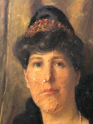 Lot 1076 - Margaret Lindsay Williams (act.1910-1960) large oil on canvas - a life-size portrait of Lady Mitchell Cotts bejewelled and wearing an evening gown, framed, 230cm x 124cm
