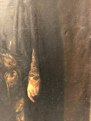 Lot 1076 - Margaret Lindsay Williams (act.1910-1960) large oil on canvas - a life-size portrait of Lady Mitchell Cotts bejewelled and wearing an evening gown, framed, 230cm x 124cm