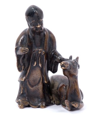 Lot 1241 - Chinese bronze figure of Shoulao and attendant deer, probably Ming, 8cm high