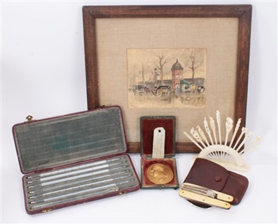 Lot 444 - Assorted works of art, to include Parisian Left Bank watercolour, Regency gilt metal profile plaque, bone handled campaign cutlery, cased set of thermometers and Indian ivory toothpicks