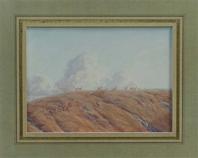 Lot 1455 - Vincent Balfour-Brown (1880-1963) watercolour - stags on the hill, "Well, That's That"