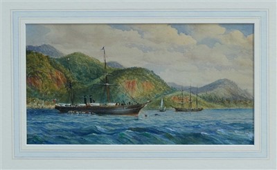 Lot 1456 - English school, 19th century, watercolour and bodycolour - A Danish steamer lying off Charlotte Amalie, St. Thomas, U.S. Virgin Islands, in glazed gilt frame, 16cm x 30cm