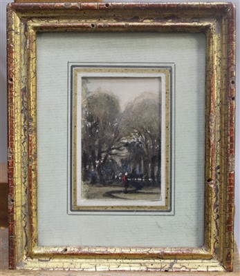 Lot 1459 - Attributed to Henri-Joseph Harpignies (1819-1916) watercolour and bodycolour - Figure in a Park