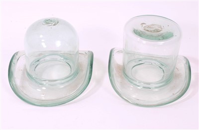 Lot 136 - Two Victorian green glass novelty vases in the form of top hat and bowler hat with fold over rims , 9-10.5cm