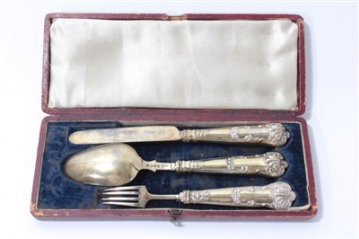 Lot 548 - Early William IV silver gilt three piece christening set comprising knife, fork and spoon, with engraved initials, in a fitted case (Birmingham 1830) Ledsam, Vale & Wheeler. (Fork apparently unmark...