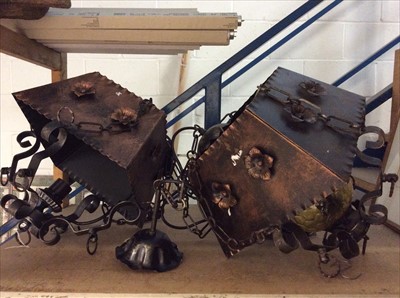 Lot 481 - Pair metal hanging lights with floral decoration