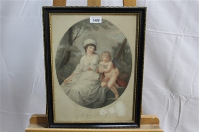 Lot 1489 - Angelica Kauffman 18th century coloured stipple by T. Cheeseman - Love and Beauty, published by J. F. Tomkins 1795, in glazed gilt and ebonised frame, 38cm x 28cm