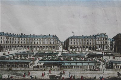 Lot 1497 - 18th century hand coloured engraving - Vue Perspective du Marche aux Fleurs á Londres (Covent Garden), circa 1780, in glazed frame, 26cm x 39cm