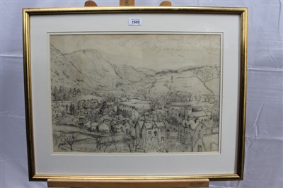 Lot 1505 - Albert Goodwin (1845-1932) pencil and charcoal on paper - Village in the Valley, initialled, in glazed gilt frame, 35cm x 51cm