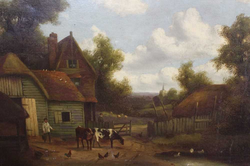 Lot 1510 - Attributed to Charles Vickers, 19th century oil on canvas - a farmstead, unframed, 51cm x 76cm