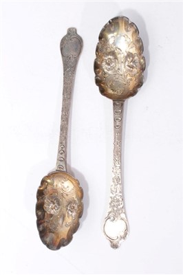 Lot 555 - Pair of William IV Britannia Standard silver dog-nose spoons with later embossed decoration