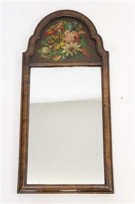 Lot 1683 - Queen Anne style walnut pier mirror, with ogee arched frame and floral painted frieze 76 x 36cm